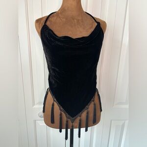 Bebe Black Velvet Halter Top with Beaded Fringe